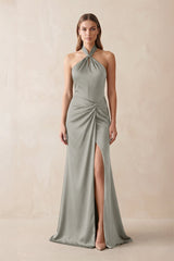 Halter Ruched Sheath Satin Bridesmaid Dress in Silver - KISS BRIDAL Bridesmaid Dresses