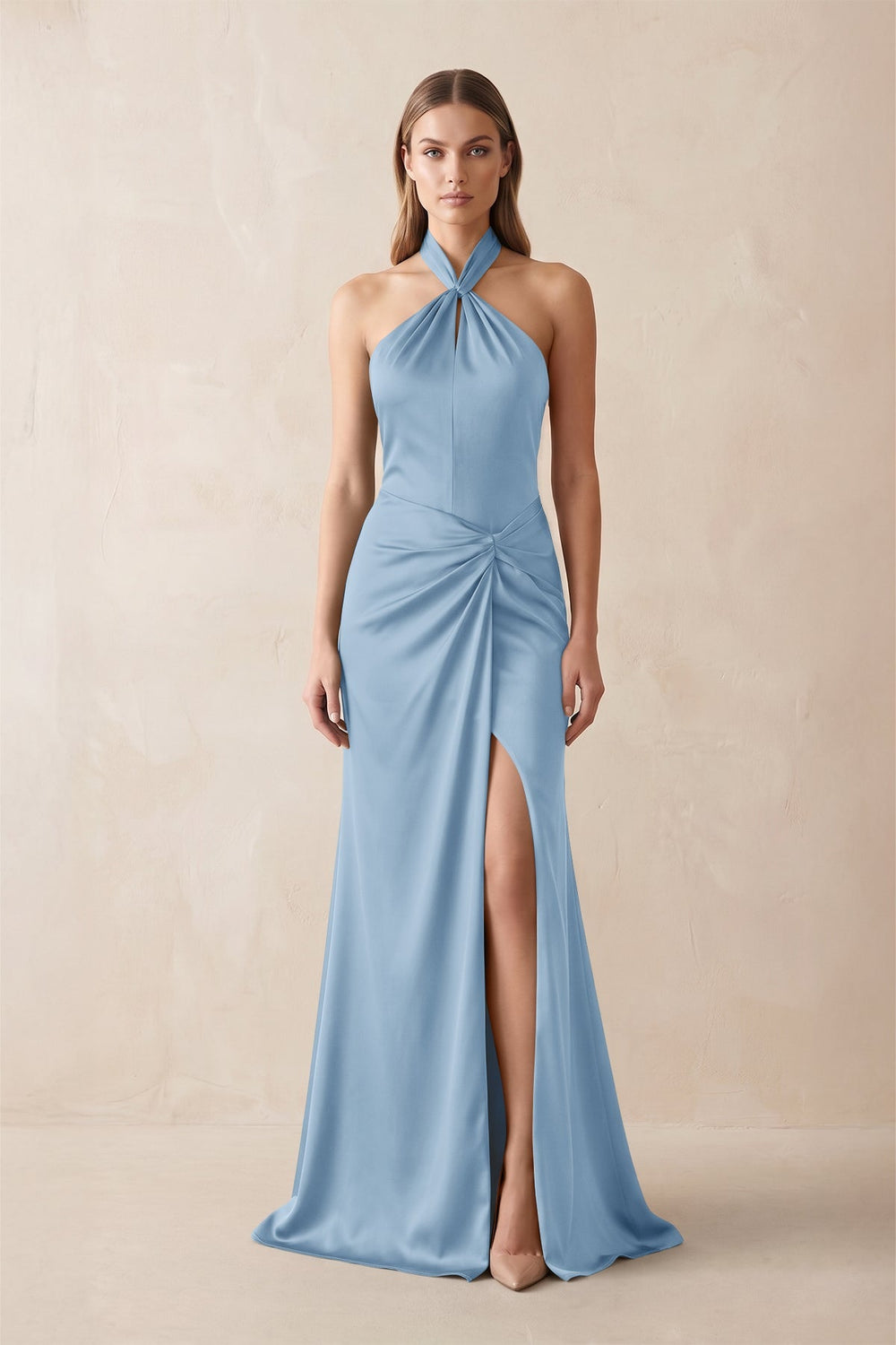 Halter Ruched Sheath Satin Bridesmaid Dress in Sky Blue - KISS BRIDAL Bridesmaid Dresses