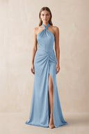 Halter Ruched Sheath Satin Bridesmaid Dress in Sky Blue - KISS BRIDAL Bridesmaid Dresses