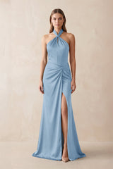 Halter Ruched Sheath Satin Bridesmaid Dress in Sky Blue - KISS BRIDAL Bridesmaid Dresses