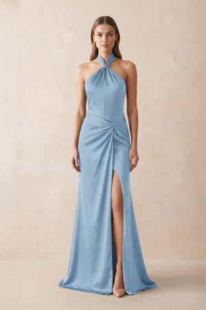 Halter Ruched Sheath Satin Bridesmaid Dress in Sky Blue - KISS BRIDAL Bridesmaid Dresses