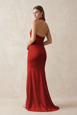 Halter Ruched Sheath Satin Bridesmaid Dress in Spice (2) | KISSBRIDAL