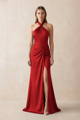 Halter Ruched Sheath Satin Bridesmaid Dress in Spice - KISS BRIDAL Bridesmaid Dresses