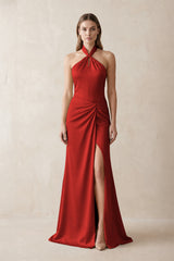 Halter Ruched Sheath Satin Bridesmaid Dress in Spice | KISSBRIDAL