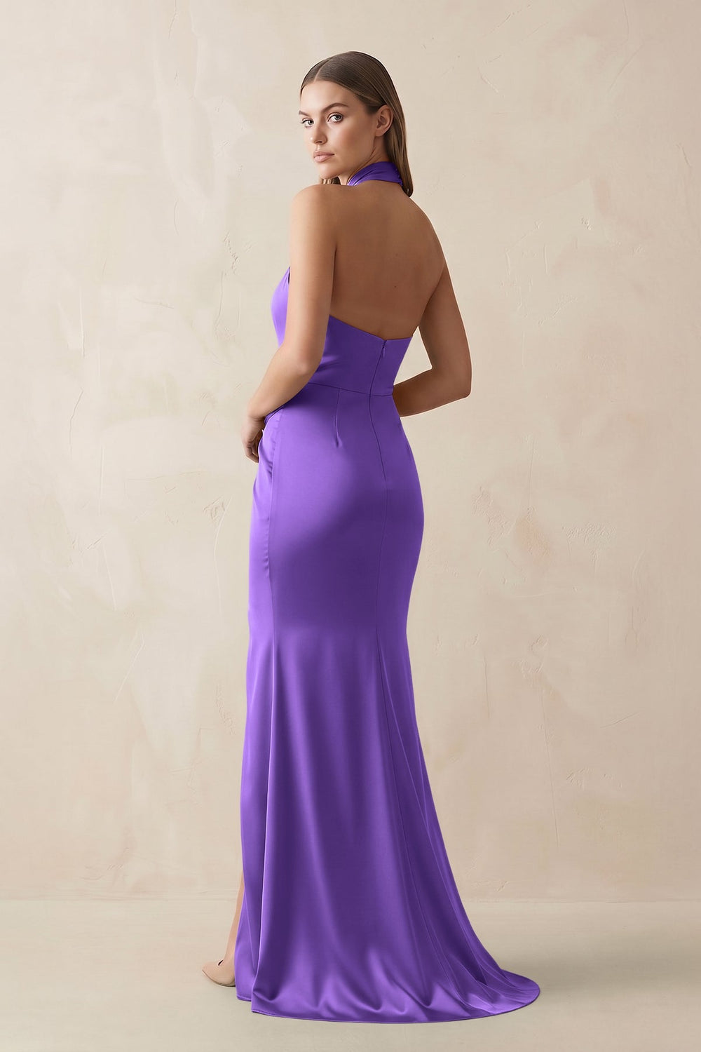 Halter Ruched Sheath Satin Bridesmaid Dress in Tahiti - KISS BRIDAL Bridesmaid Dresses