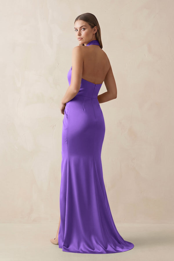 Halter Ruched Sheath Satin Bridesmaid Dress in Tahiti - KISS BRIDAL Bridesmaid Dresses