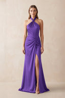 Halter Ruched Sheath Satin Bridesmaid Dress in Tahiti - KISS BRIDAL Bridesmaid Dresses
