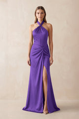 Halter Ruched Sheath Satin Bridesmaid Dress in Tahiti - KISS BRIDAL Bridesmaid Dresses