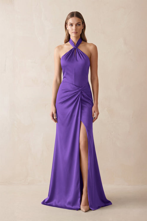 Halter Ruched Sheath Satin Bridesmaid Dress in Tahiti - KISS BRIDAL Bridesmaid Dresses