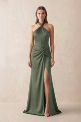 Halter Ruched Sheath Satin Bridesmaid Dress in Thyme - KISS BRIDAL Bridesmaid Dresses