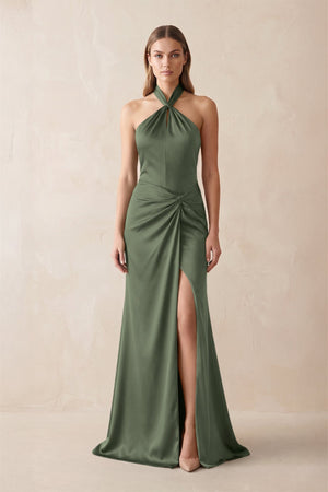Halter Ruched Sheath Satin Bridesmaid Dress in Thyme - KISS BRIDAL Bridesmaid Dresses