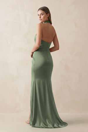 Halter Ruched Sheath Satin Bridesmaid Dress in Thyme - KISS BRIDAL Bridesmaid Dresses