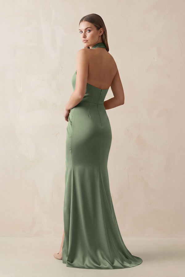 Halter Ruched Sheath Satin Bridesmaid Dress in Thyme - KISS BRIDAL Bridesmaid Dresses