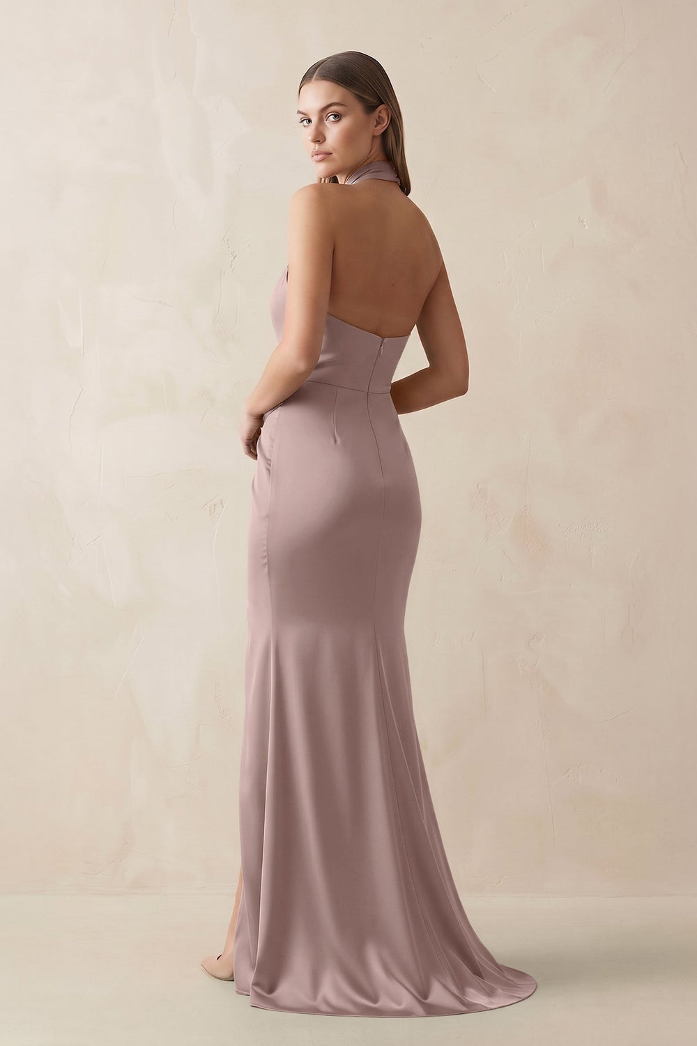Halter Ruched Sheath Satin Bridesmaid Dress in Toffee - KISS BRIDAL Bridesmaid Dresses
