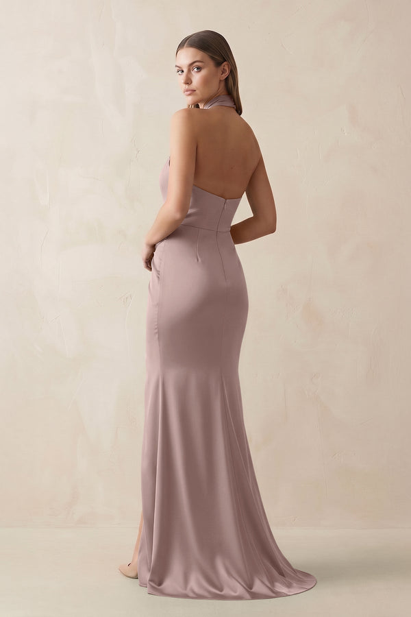 Halter Ruched Sheath Satin Bridesmaid Dress in Toffee - KISS BRIDAL Bridesmaid Dresses