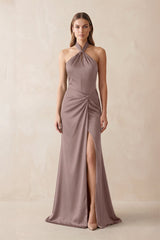 Halter Ruched Sheath Satin Bridesmaid Dress in Toffee - KISS BRIDAL Bridesmaid Dresses