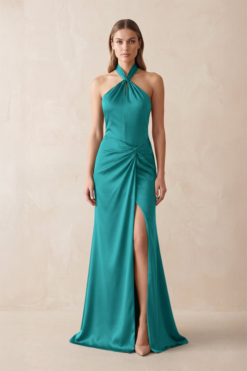 Halter Ruched Sheath Satin Bridesmaid Dress in Turquoise - KISS BRIDAL Bridesmaid Dresses