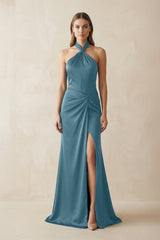 Halter Ruched Sheath Satin Bridesmaid Dress in Twilight - KISS BRIDAL Bridesmaid Dresses