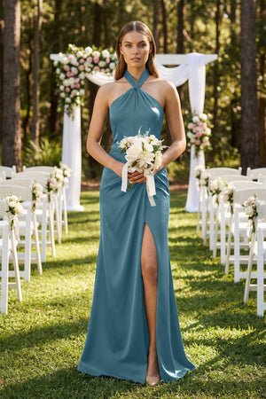Halter Ruched Sheath Satin Bridesmaid Dress in Twilight - SHE IS ME Bridesmaid Dresses
