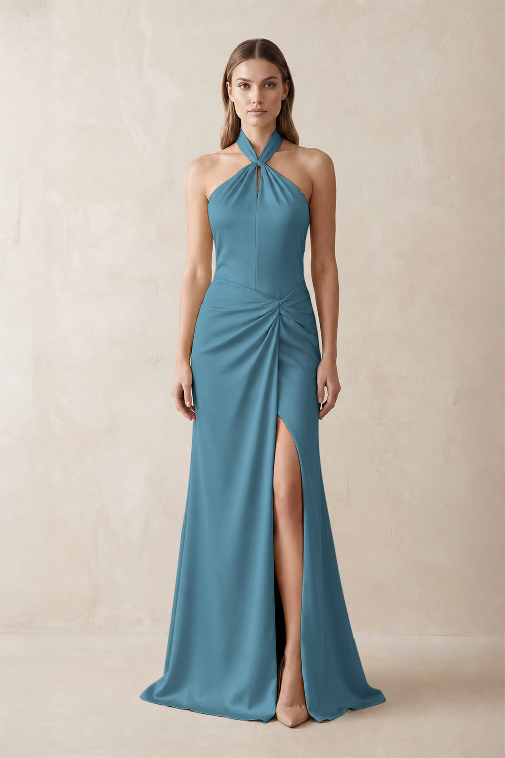 Halter Ruched Sheath Satin Bridesmaid Dress in Twilight