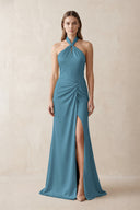 Halter Ruched Sheath Satin Bridesmaid Dress in Twilight | KISSBRIDAL