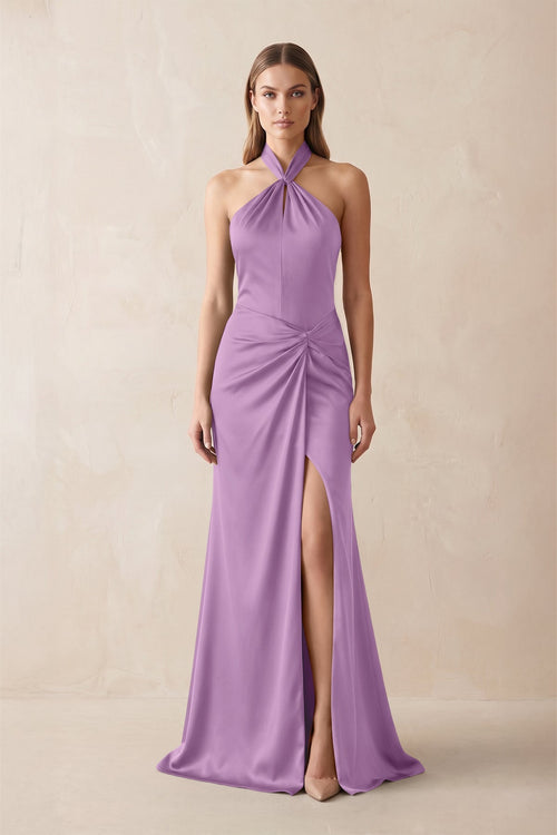 Halter Ruched Sheath Satin Bridesmaid Dress in Vintage Mauve - KISS BRIDAL Bridesmaid Dresses