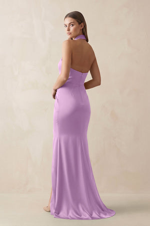 Halter Ruched Sheath Satin Bridesmaid Dress in Vintage Mauve - KISS BRIDAL Bridesmaid Dresses