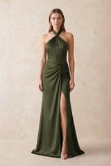 Halter Ruched Sheath Satin Bridesmaid Dress in Willow Green - KISS BRIDAL Bridesmaid Dresses