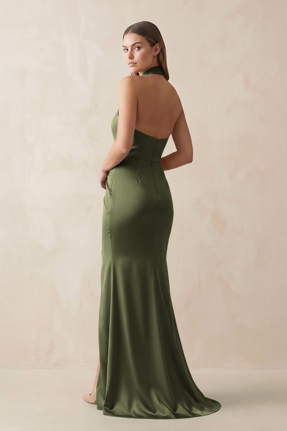 Halter Ruched Sheath Satin Bridesmaid Dress in Willow Green - KISS BRIDAL Bridesmaid Dresses