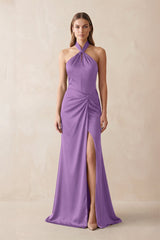 Halter Ruched Sheath Satin Bridesmaid Dress in Wisteria - KISS BRIDAL Bridesmaid Dresses