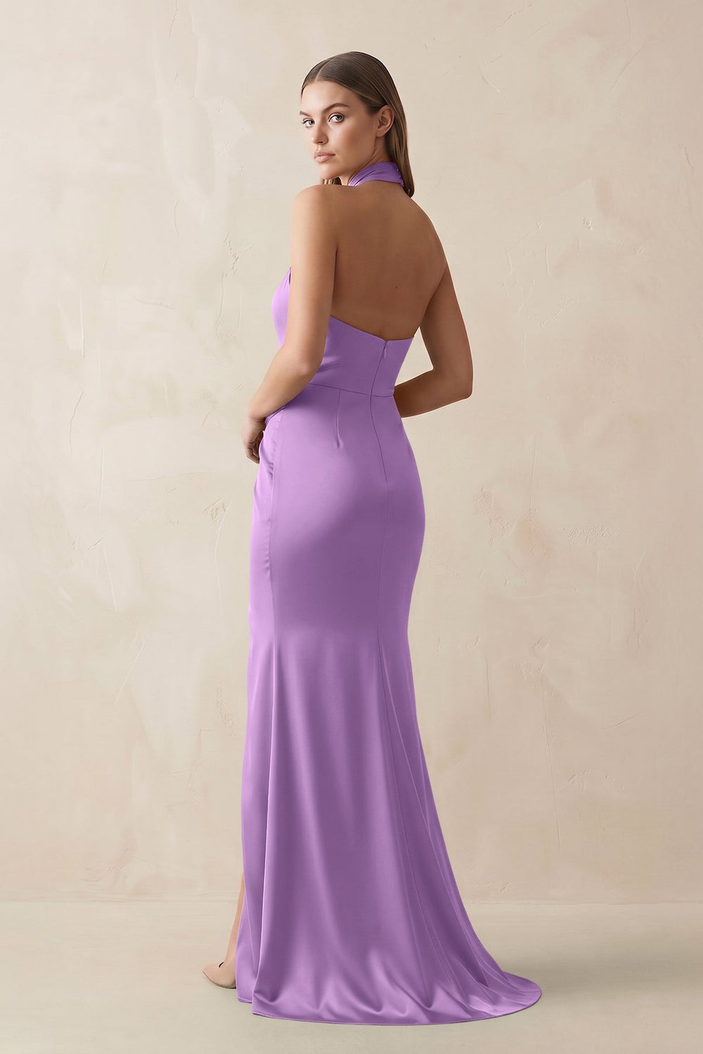 Halter Ruched Sheath Satin Bridesmaid Dress in Wisteria - KISS BRIDAL Bridesmaid Dresses