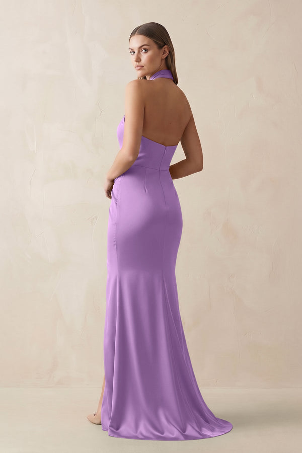 Halter Ruched Sheath Satin Bridesmaid Dress in Wisteria - KISS BRIDAL Bridesmaid Dresses