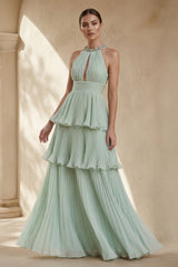 Halter Ruffled Gown With Beading in Mint Green - KISS BRIDAL