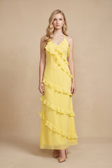 Halter Ruffled Maxi Wedding Guest Dress in Yellow - KISSBRIDAL