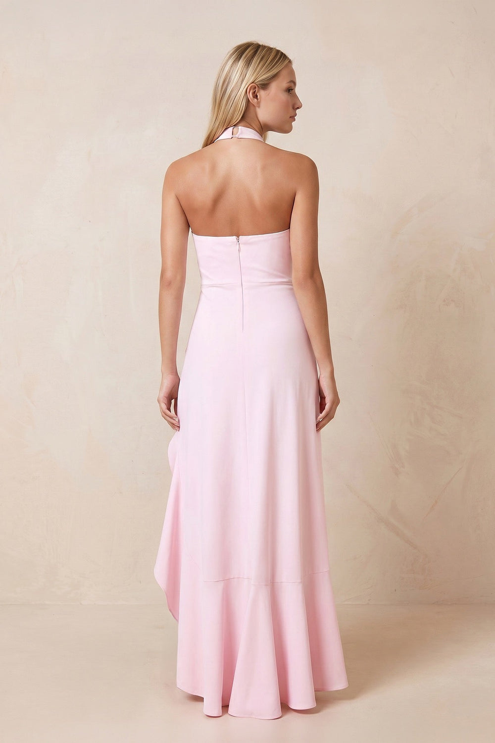 Halter Ruffled Sheath Maxi Dress with Slit in Pink – KISS BRIDAL Dresses