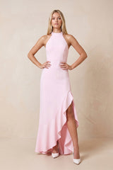 Halter Ruffled Sheath Maxi Dress with Slit in Pink – KISS BRIDAL