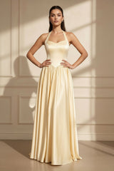 Halter Satin A - Line Maxi Dress in Yellow - KISSBRIDAL