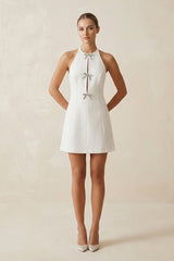 Halter Satin A - Line Mini Wedding Dress with Bow in White - KISS BRIDAL Wedding Dresses