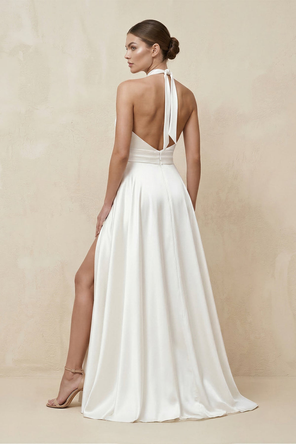 Halter Satin A - Line Wedding Dress With Slit in White - KISS BRIDAL Wedding Dresses