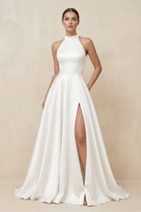 Halter Satin A - Line Wedding Dress With Slit in White - KISS BRIDAL Wedding Dresses