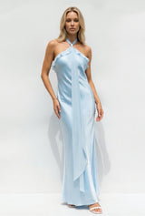 Halter Satin Maxi Dress With Ruffles in Sky Blue - KISS BRIDAL