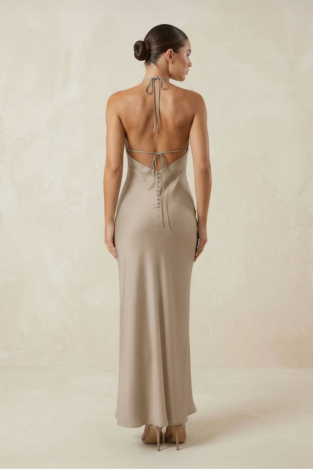 Halter Satin Sheath Midi Bridesmaid Dress in Almond - KISS BRIDAL Bridesmaid Dresses