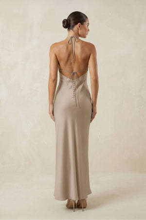 Halter Satin Sheath Midi Bridesmaid Dress in Almond - KISS BRIDAL Bridesmaid Dresses