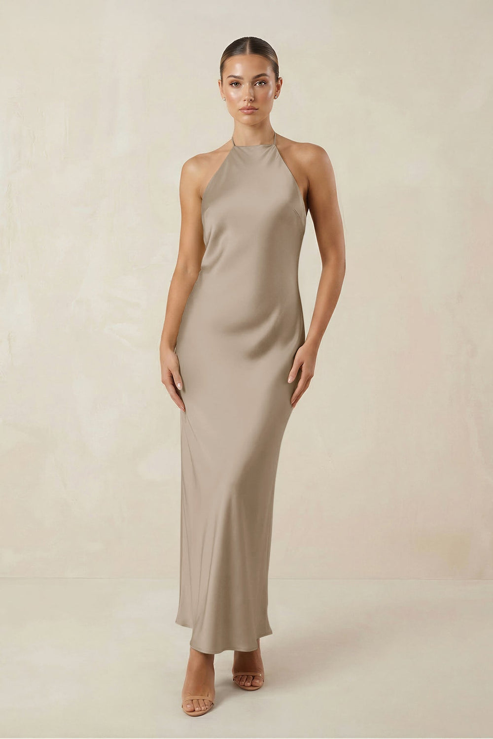 Halter Satin Sheath Midi Bridesmaid Dress in Almond - KISS BRIDAL Bridesmaid Dresses