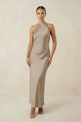Halter Satin Sheath Midi Bridesmaid Dress in Almond - KISS BRIDAL Bridesmaid Dresses
