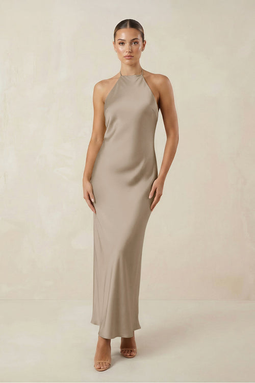 Halter Satin Sheath Midi Bridesmaid Dress in Almond - KISS BRIDAL Bridesmaid Dresses