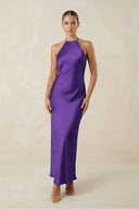 Halter Satin Sheath Midi Bridesmaid Dress in Amethyst - KISS BRIDAL Bridesmaid Dresses