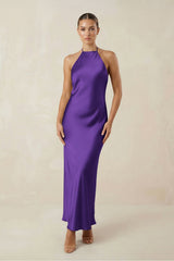Halter Satin Sheath Midi Bridesmaid Dress in Amethyst - KISS BRIDAL Bridesmaid Dresses