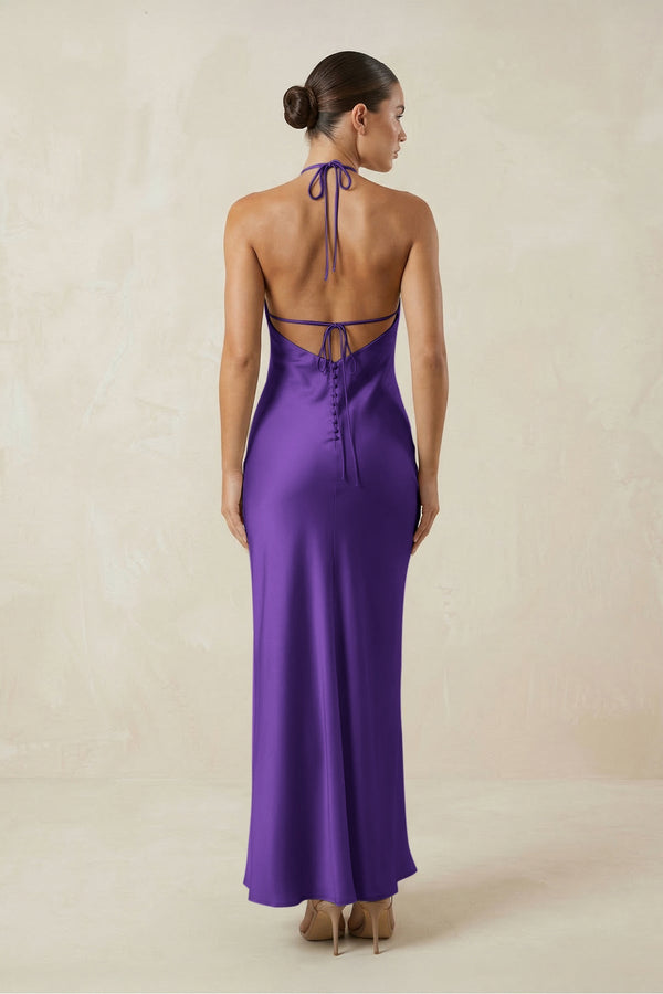 Halter Satin Sheath Midi Bridesmaid Dress in Amethyst - KISS BRIDAL Bridesmaid Dresses