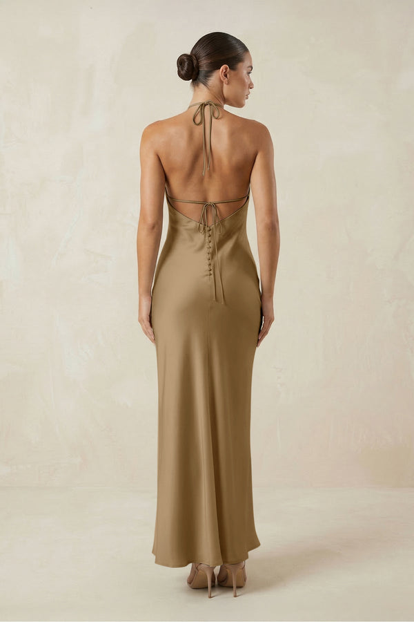 Halter Satin Sheath Midi Bridesmaid Dress in Apple Cinnamon - KISS BRIDAL Bridesmaid Dresses